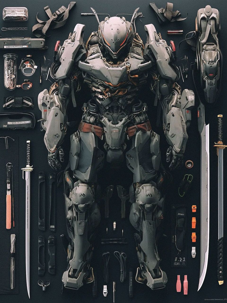 一组动漫战斗铠甲装备展示,by midjourney. #科幻# #插画# #动漫