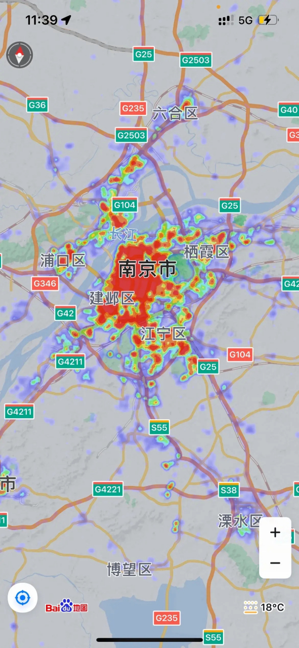 南京vs杭州的热力地图: 杭州的红区远远大于南京,说明杭州的人口密度