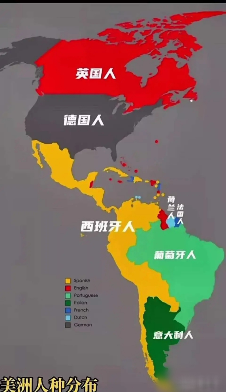 美洲各国人口最多的族裔分布图,万万没想到美国最多的竟然是德裔,而