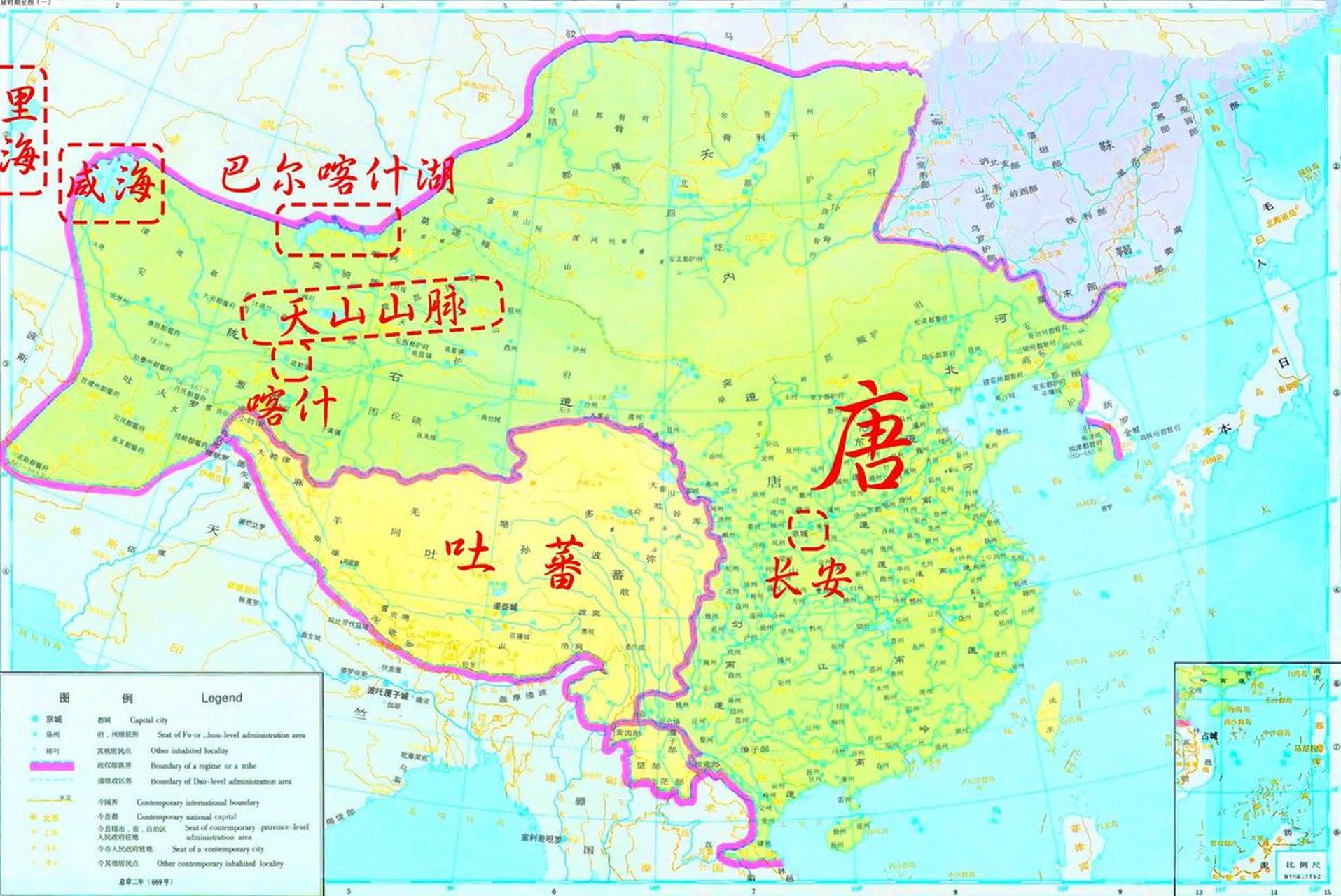 唐朝疆域极盛时期东至朝鲜半岛,西达中亚咸海一带,南至越南顺化,北括
