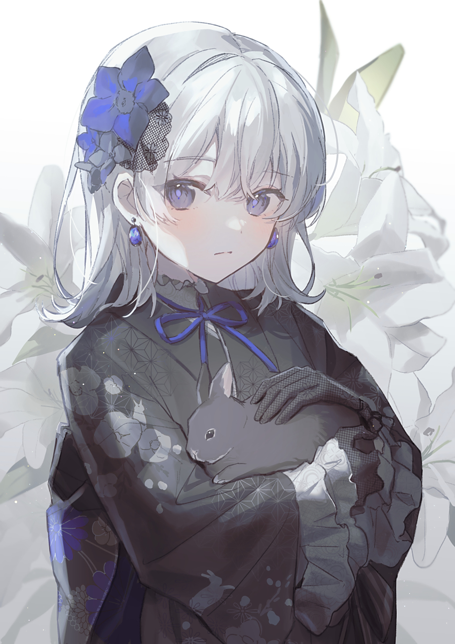 白毛少女与兔子 画师:おゆゆ#二次元美图# #我爱二次元# #二次元萌妹