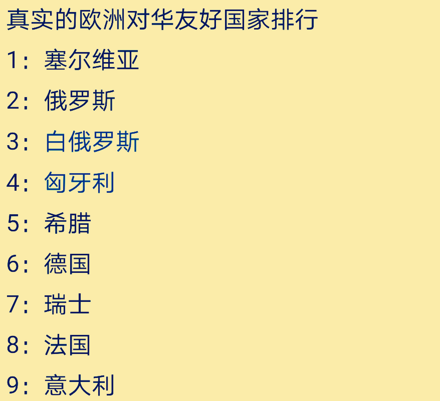 友好的欧洲国家排名 第1名:塞尔维亚 第2名:俄罗斯 第3名:白俄罗斯 第