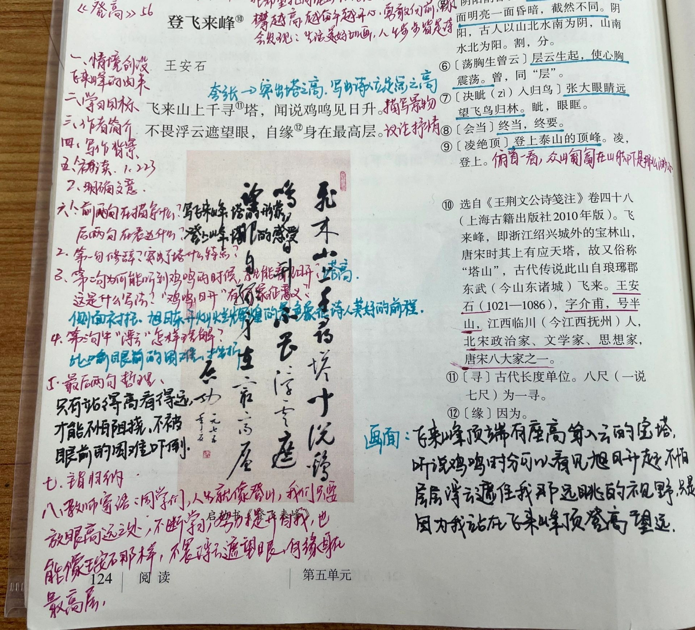 语文老师为《望岳》和《登飞来峰》做的备课笔记,两首诗不到70个字