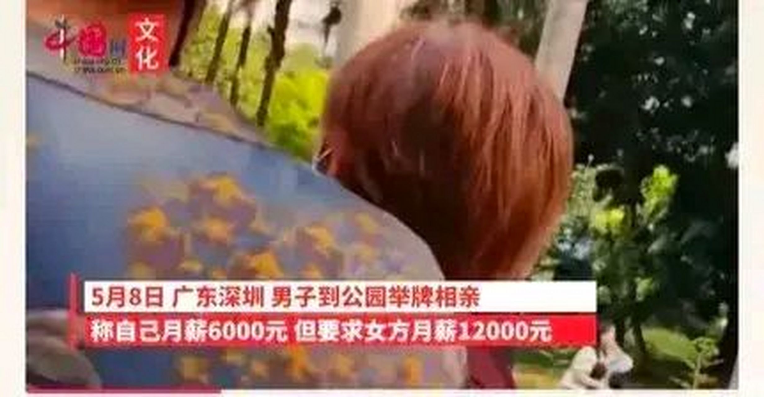 廣東深圳,男子到公園舉牌相親,稱自己月薪6000元,但要求女方月薪12000