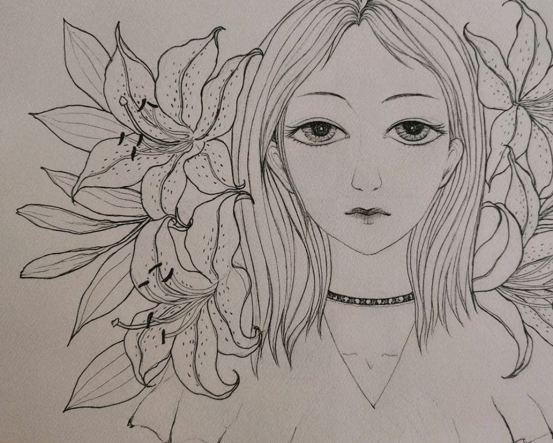 线描花卉人物手绘过程/女孩与花