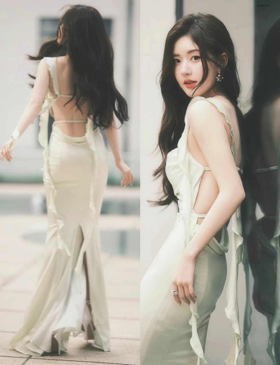 赵露思一袭淡绿色露背裙装,穿着时尚又大胆,长发披肩魅力四射,在人群
