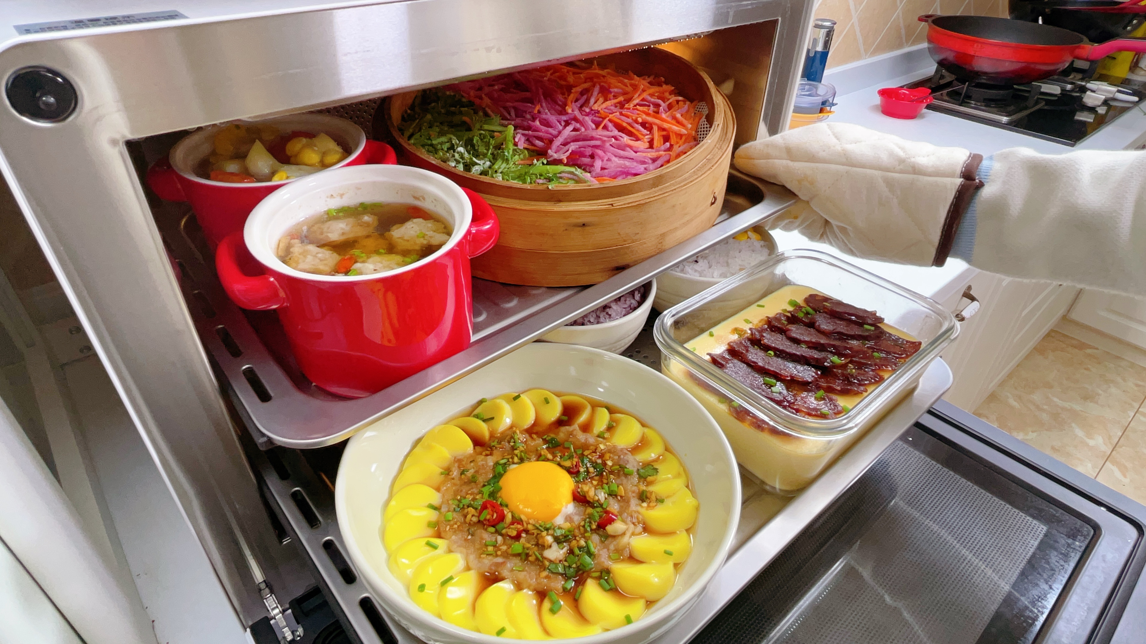 母女二人食,晚餐蒸烤箱一锅出5菜2饭,杜绝油烟更健康方便还美味
