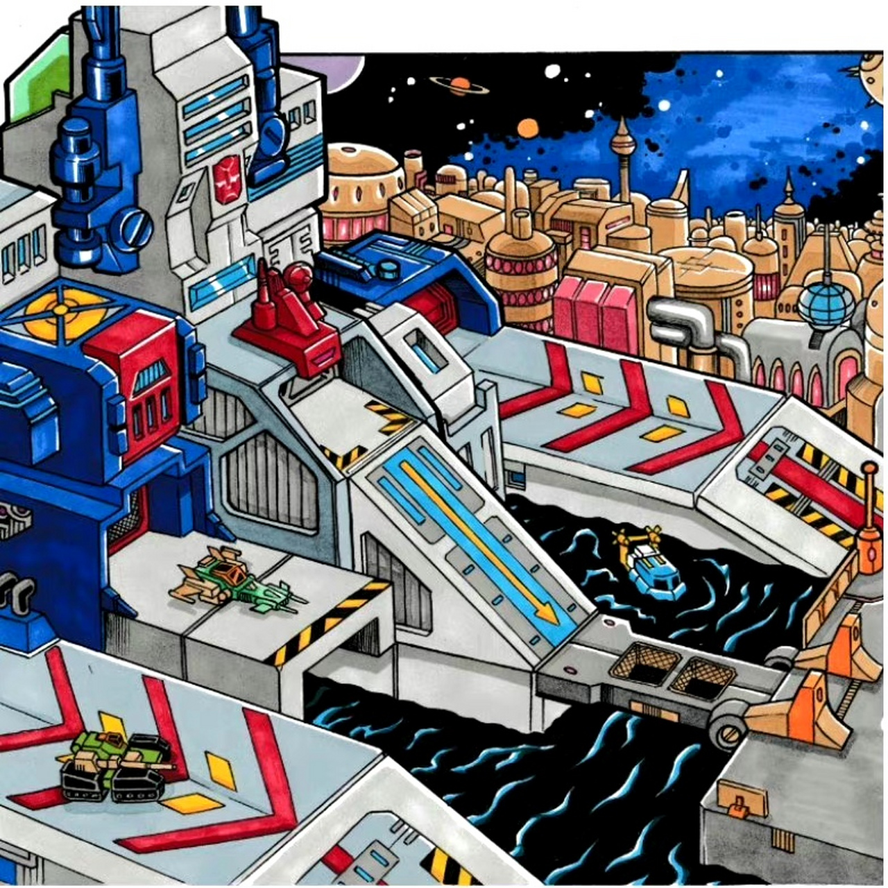 一组变形金刚的飞船与基地插画,有的可以变形,by natephoenix83