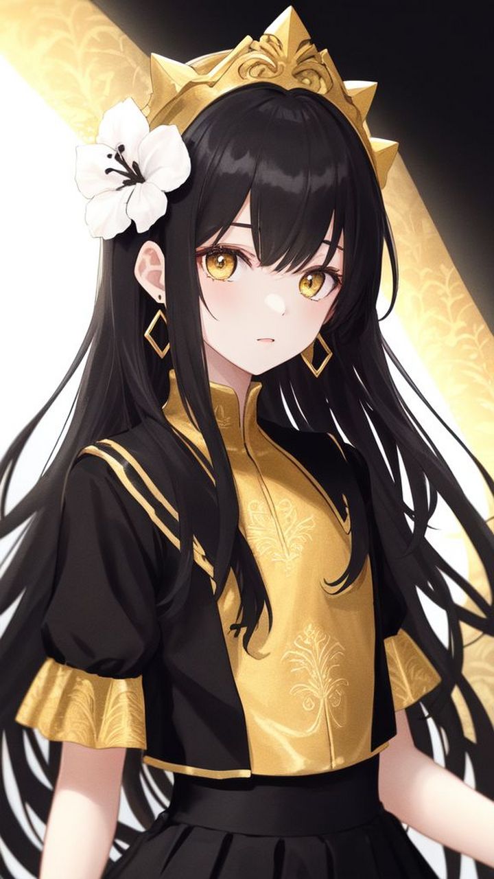 黑色长发的性感女孩,上半身,穿着黑白的洛丽塔裙子,绣着金色的图案