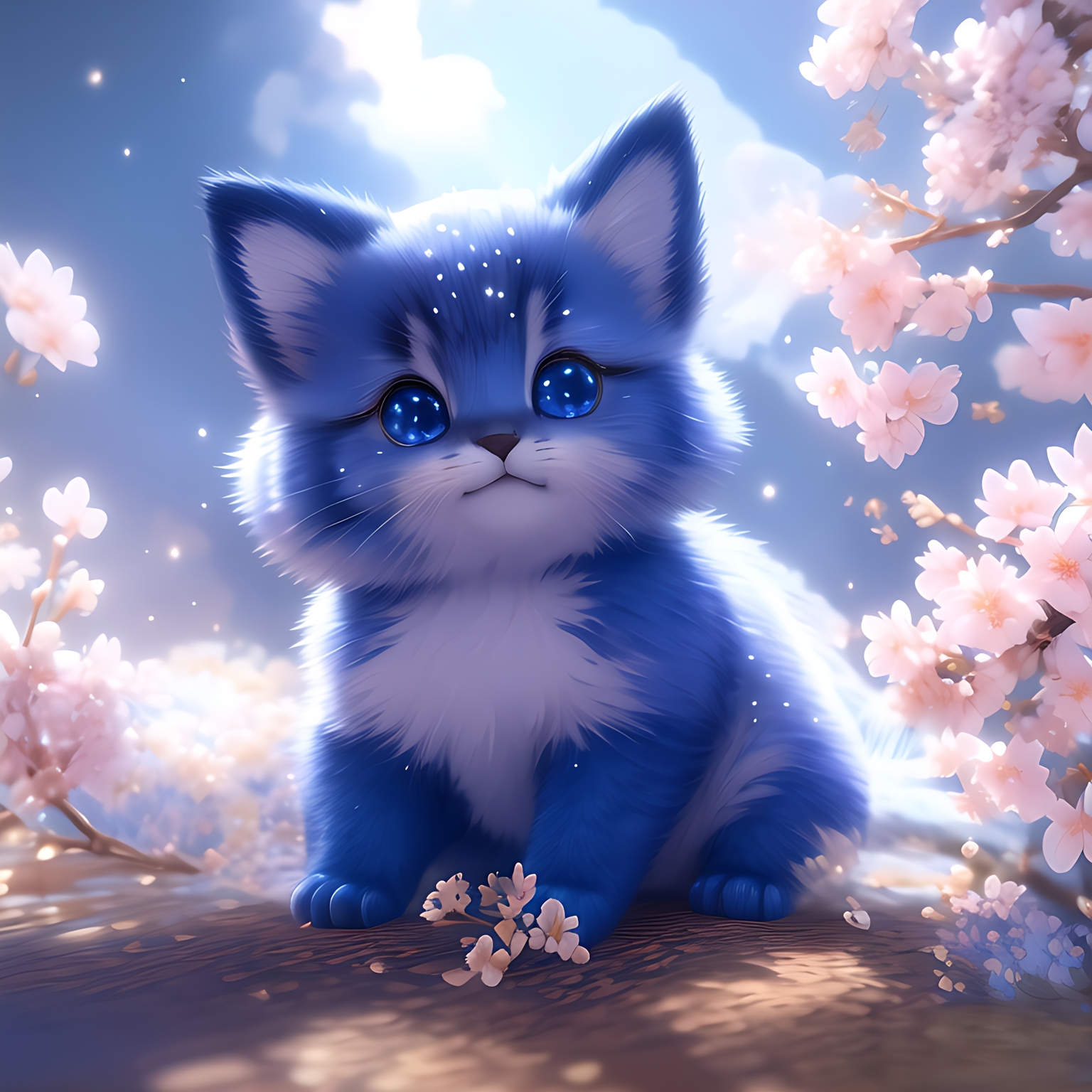 月光之下的蓝白猫,独自在桃花树下