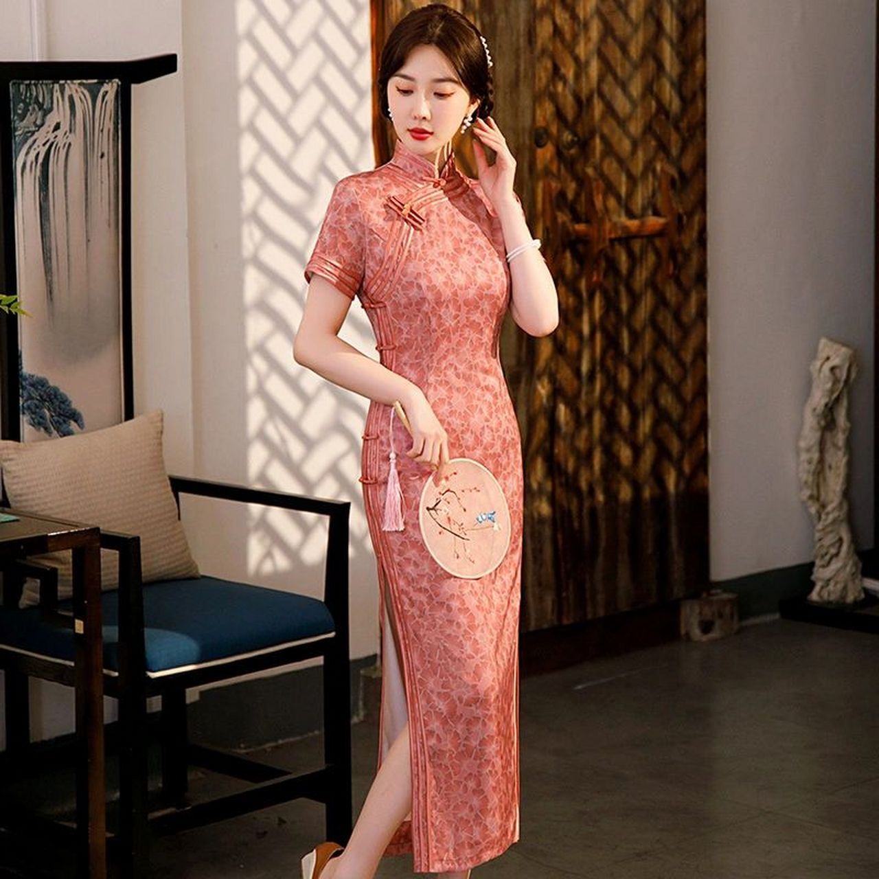 新款女士旗袍修身包臀优雅女装立领高开叉粉色宴会服#国风主理人