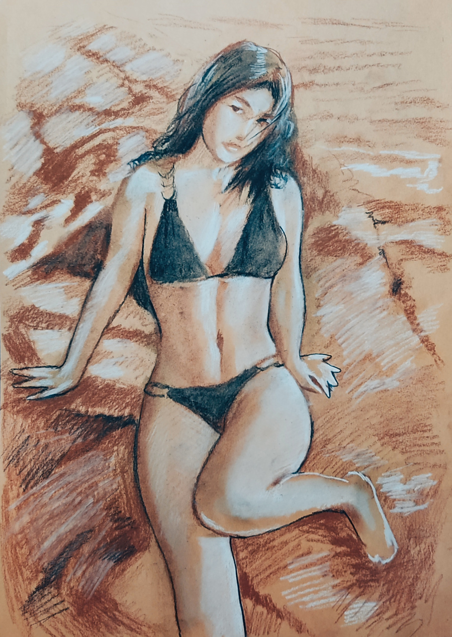 素描 比基尼模特 	 工具:炭笔,牛皮纸 	 现在的年轻人都不愿意结婚了.