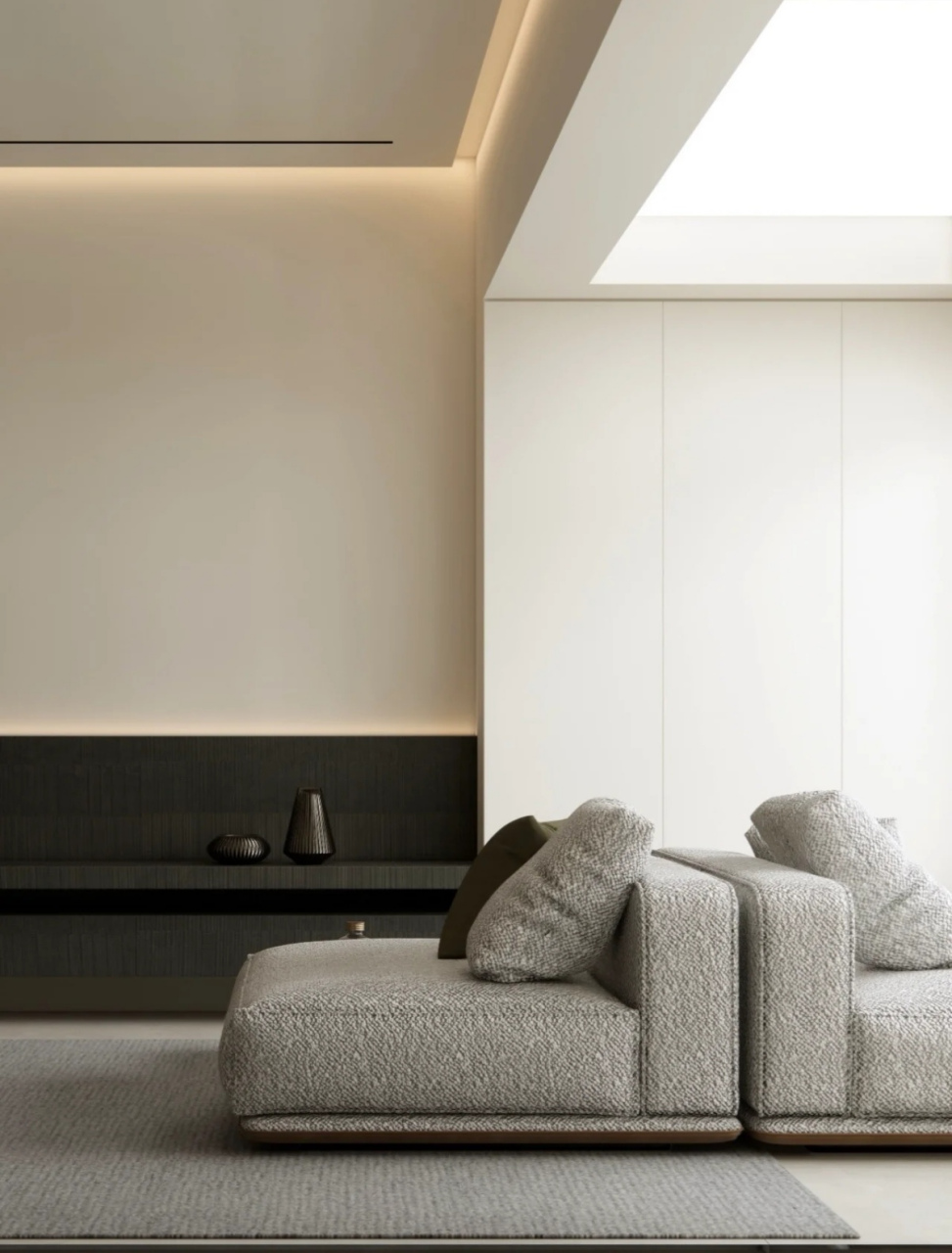 半高的木饰面墙,再加上无主灯吊顶,凸显层高优势,扩大视野范围.