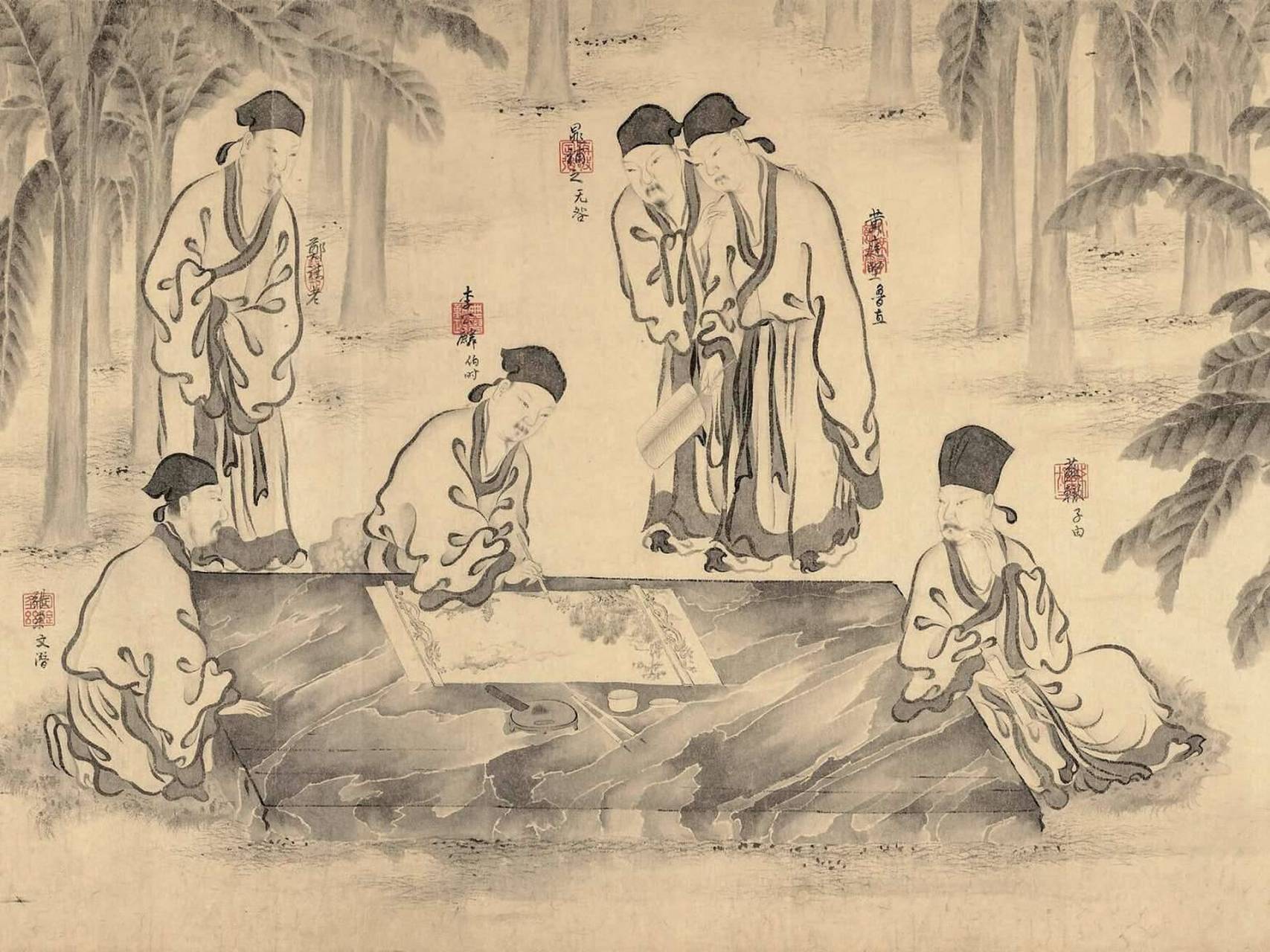 据传李公麟所作《西园雅集图》有团扇和手卷两种不同形式的版本,但原