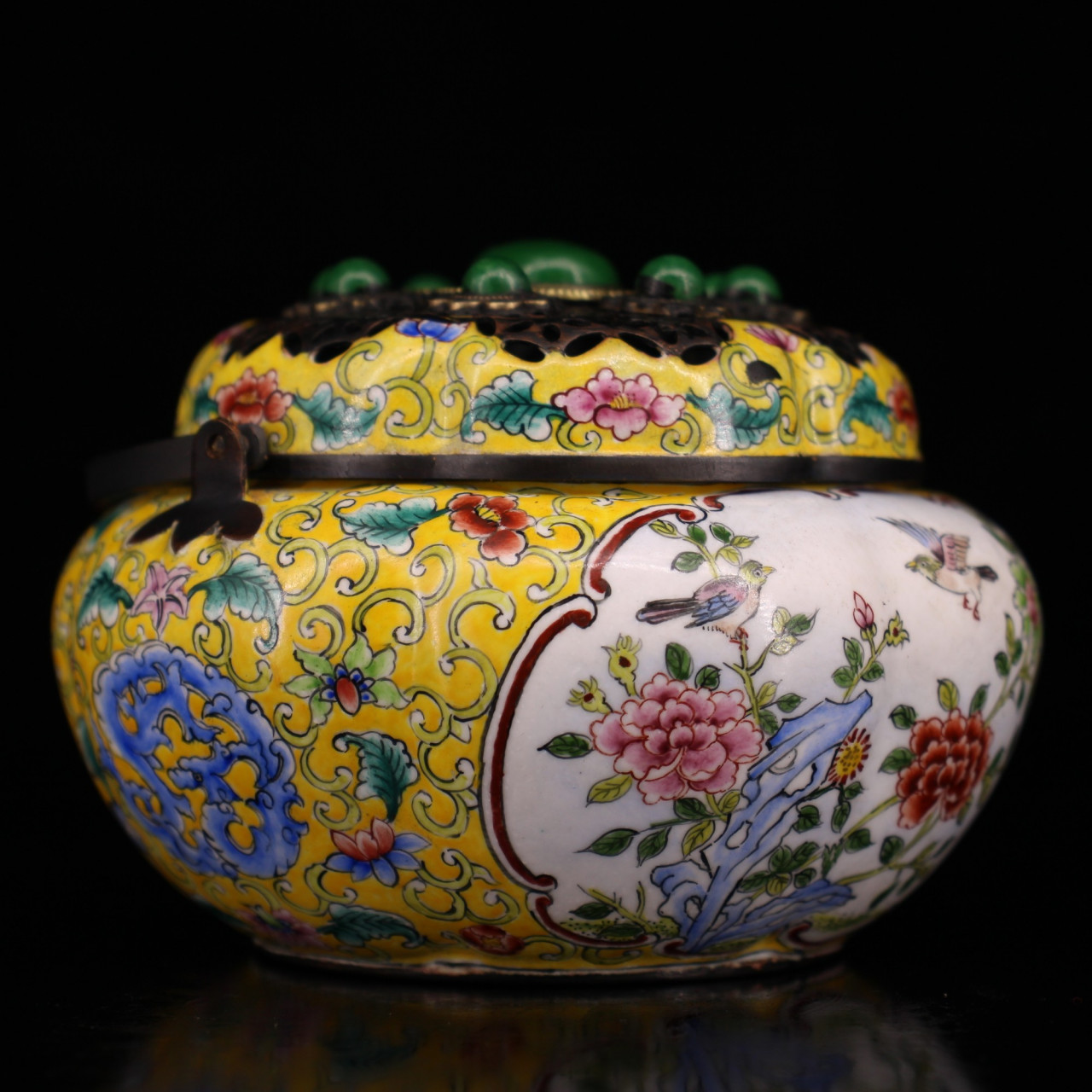 珍藏清代宫廷御用老纯铜纯手工打造镶嵌宝石彩绘景泰蓝珐琅彩暖手炉