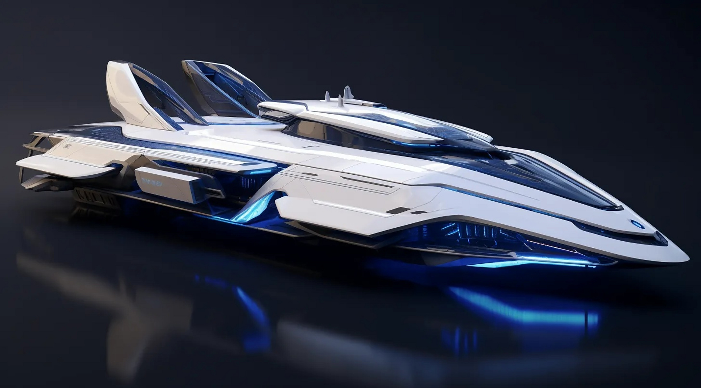 一组ai生成的游艇建模作品,流线型与灯光的运用颇具未来风格.