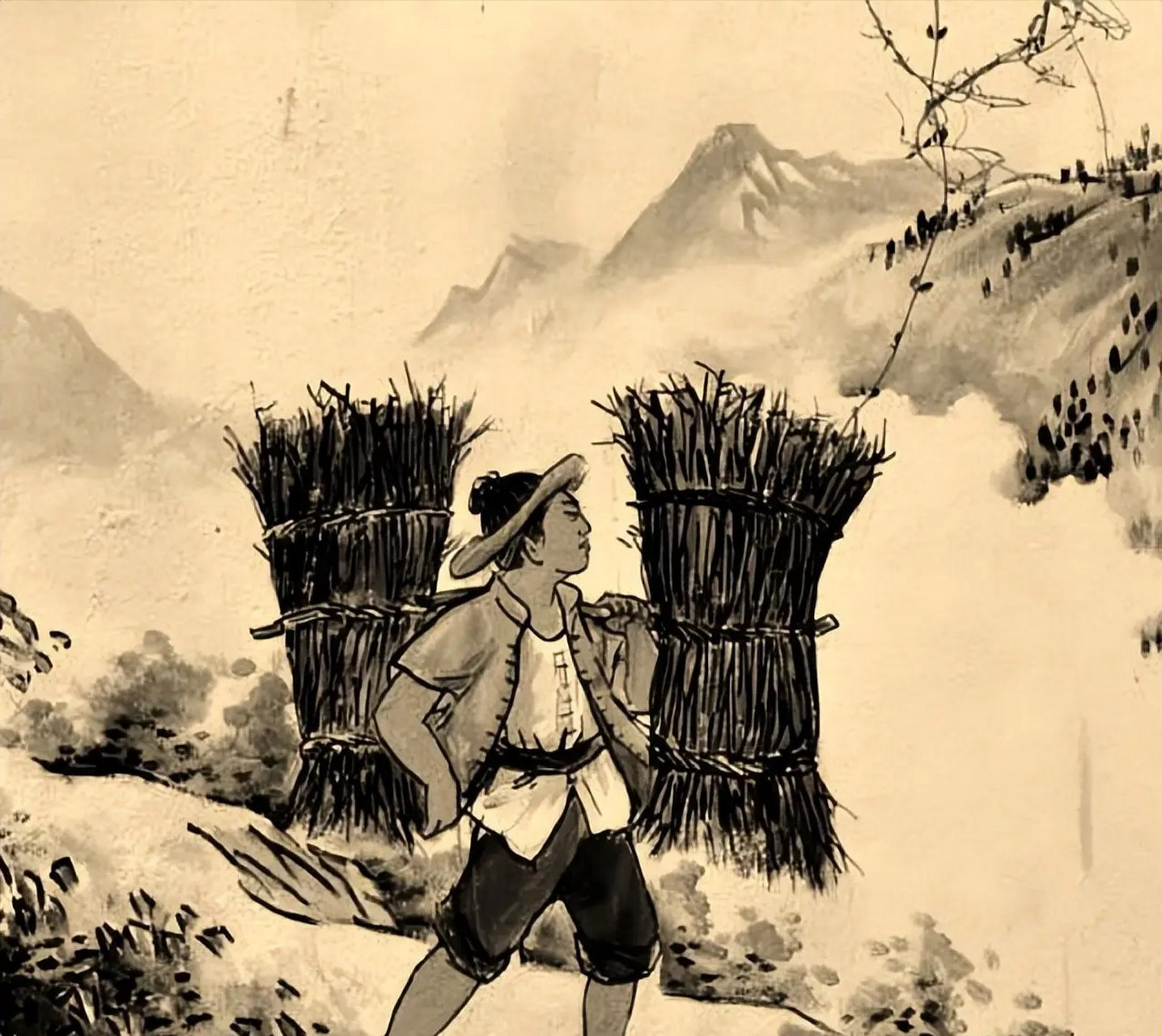 古时,公公带着儿媳去山上砍柴,由于天气炎热,两人干了一会儿活,感觉又