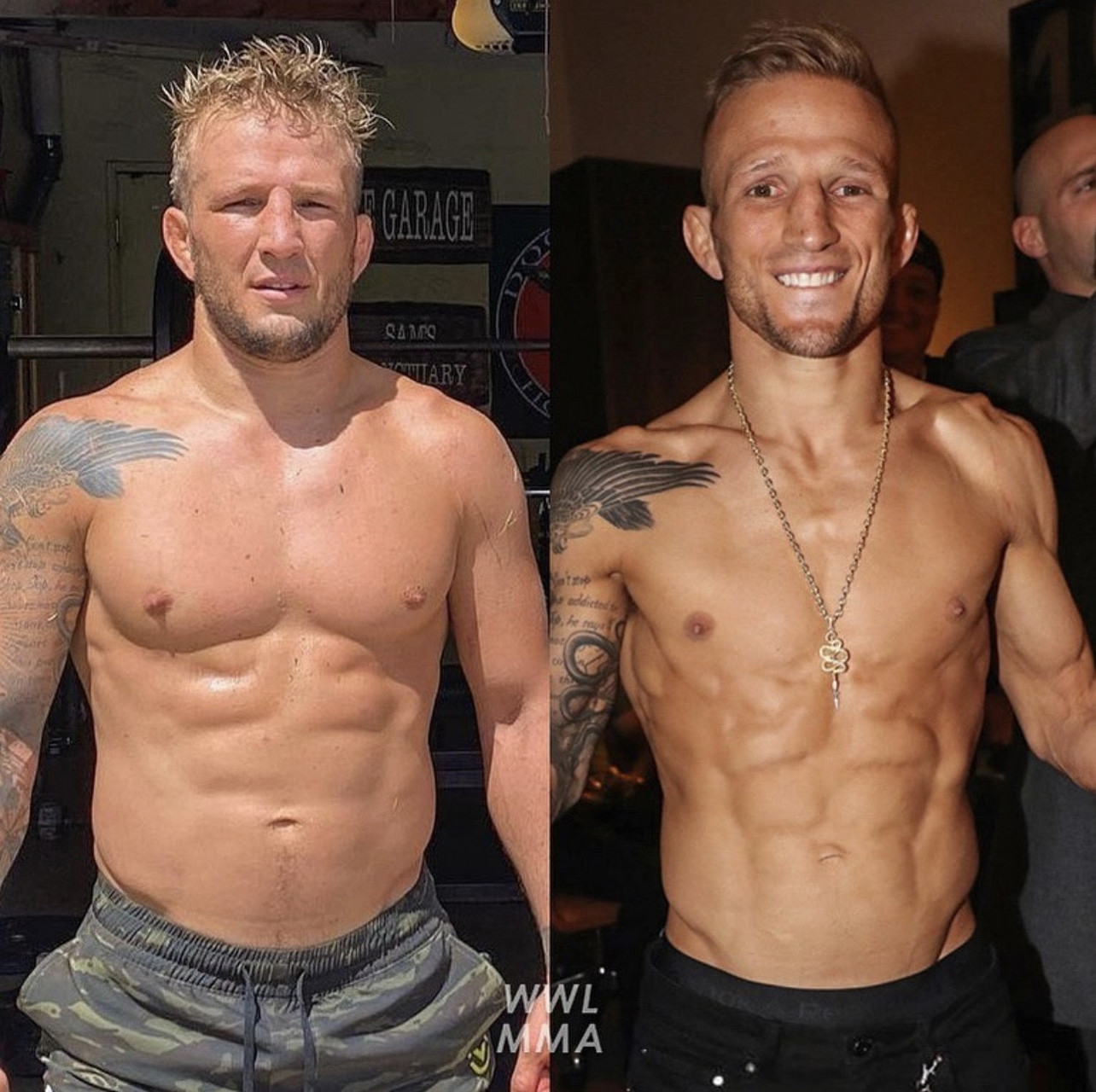 ufc前雏量级冠军"毒蛇"tj-迪拉肖  最大时的体重和最小时体重的对比图