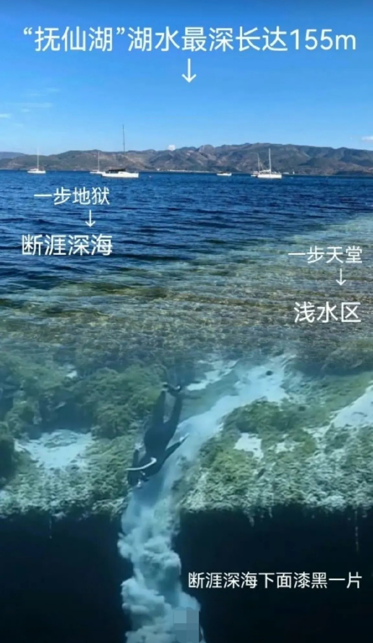 云南的抚仙湖如恐怖片的存在,图一这种断崖式水底,神秘又危险,美得