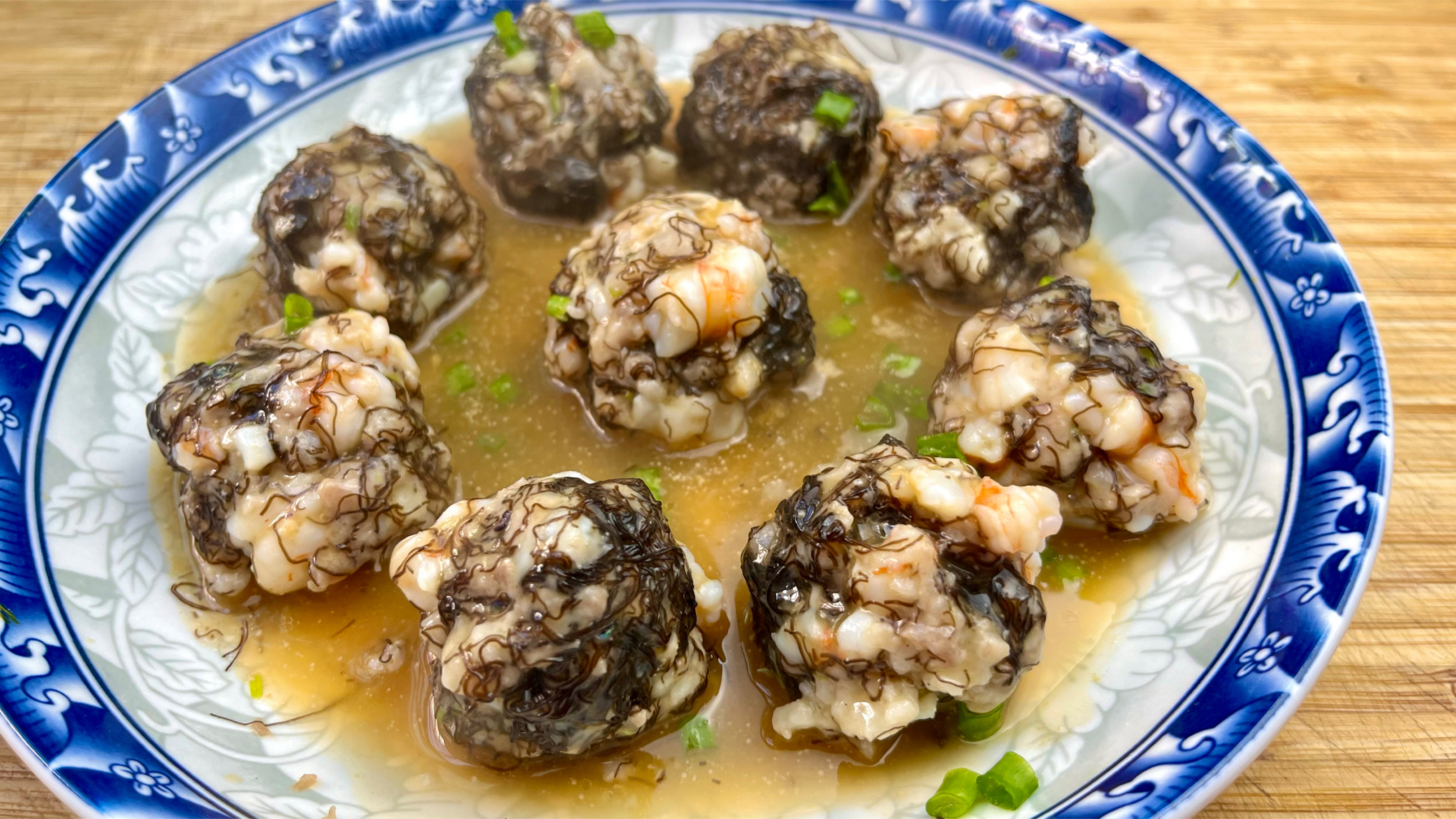 潮汕特色家常菜“发菜丸”，鲜脆弹牙，家里老人小孩都爱吃