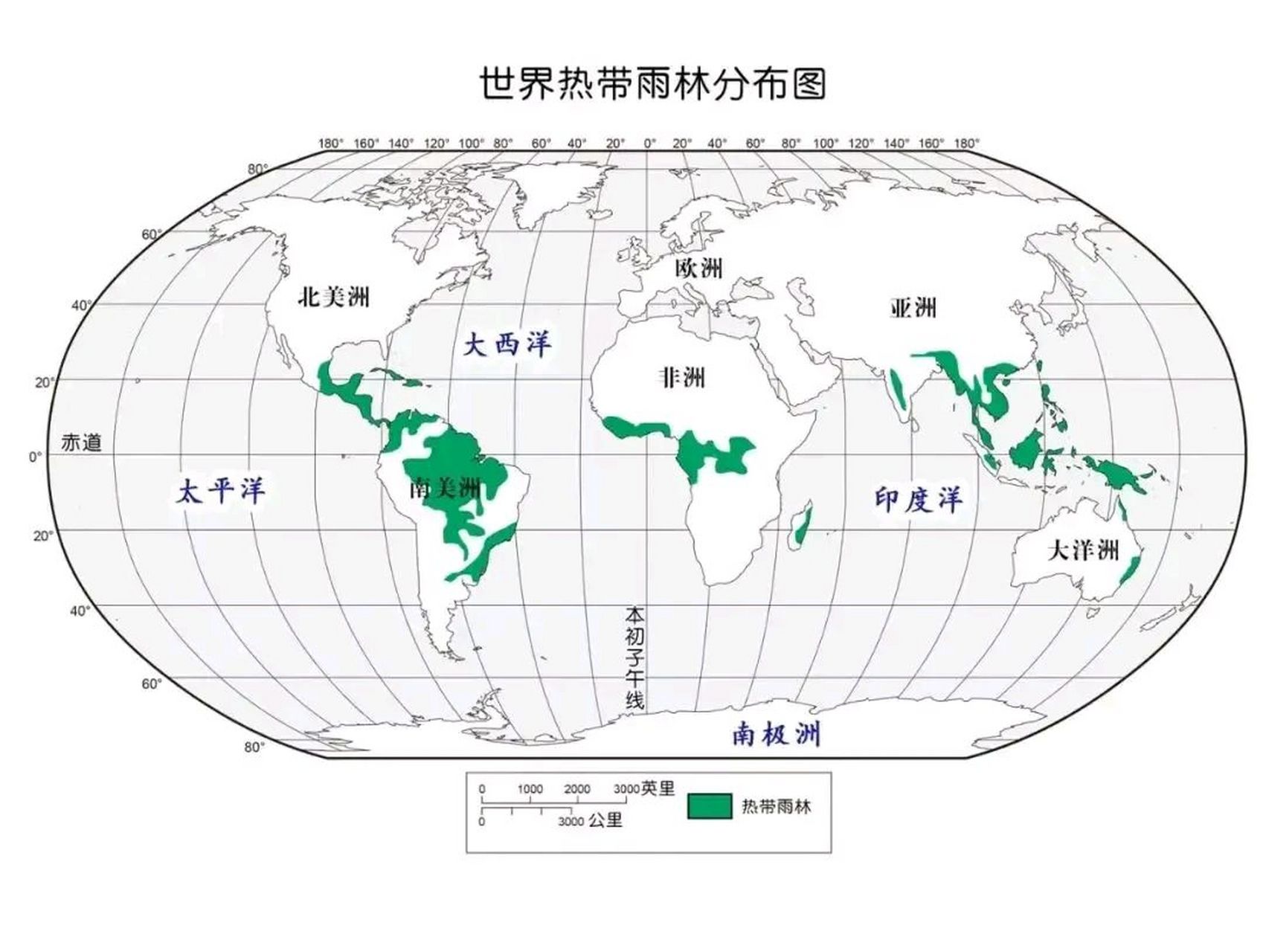 世界热带雨林分布图 热带雨林降水量丰富,植被茂盛.