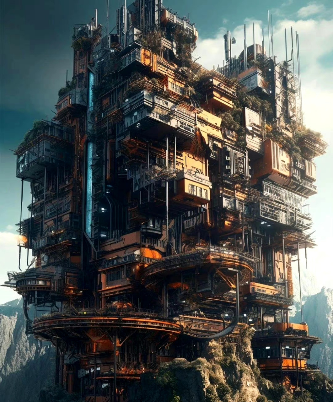 一组ai生成的重工业风格的钢铁堡垒,by mj.#动漫# #插画# #二次元