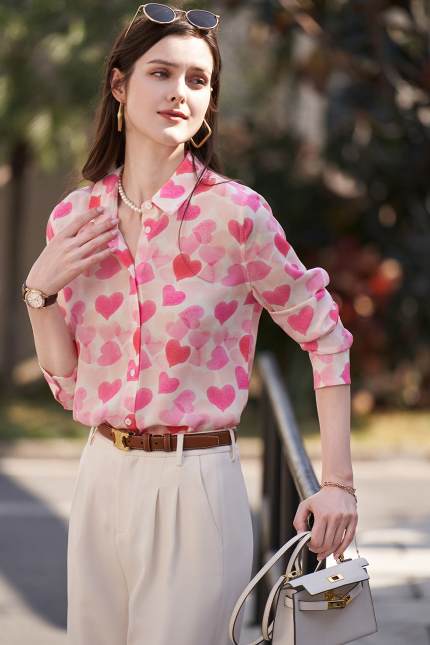 粉色真丝衬衫女高端长袖春季2022新款甜美减龄印花桑蚕丝通勤衬衣