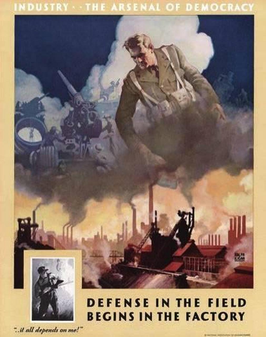 美国二战期间的宣传海报,主题是关于兵工厂的