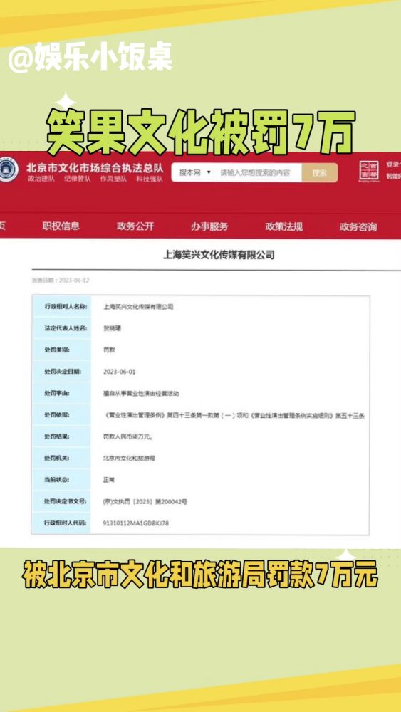 笑果旗下公司擅自演出被罚