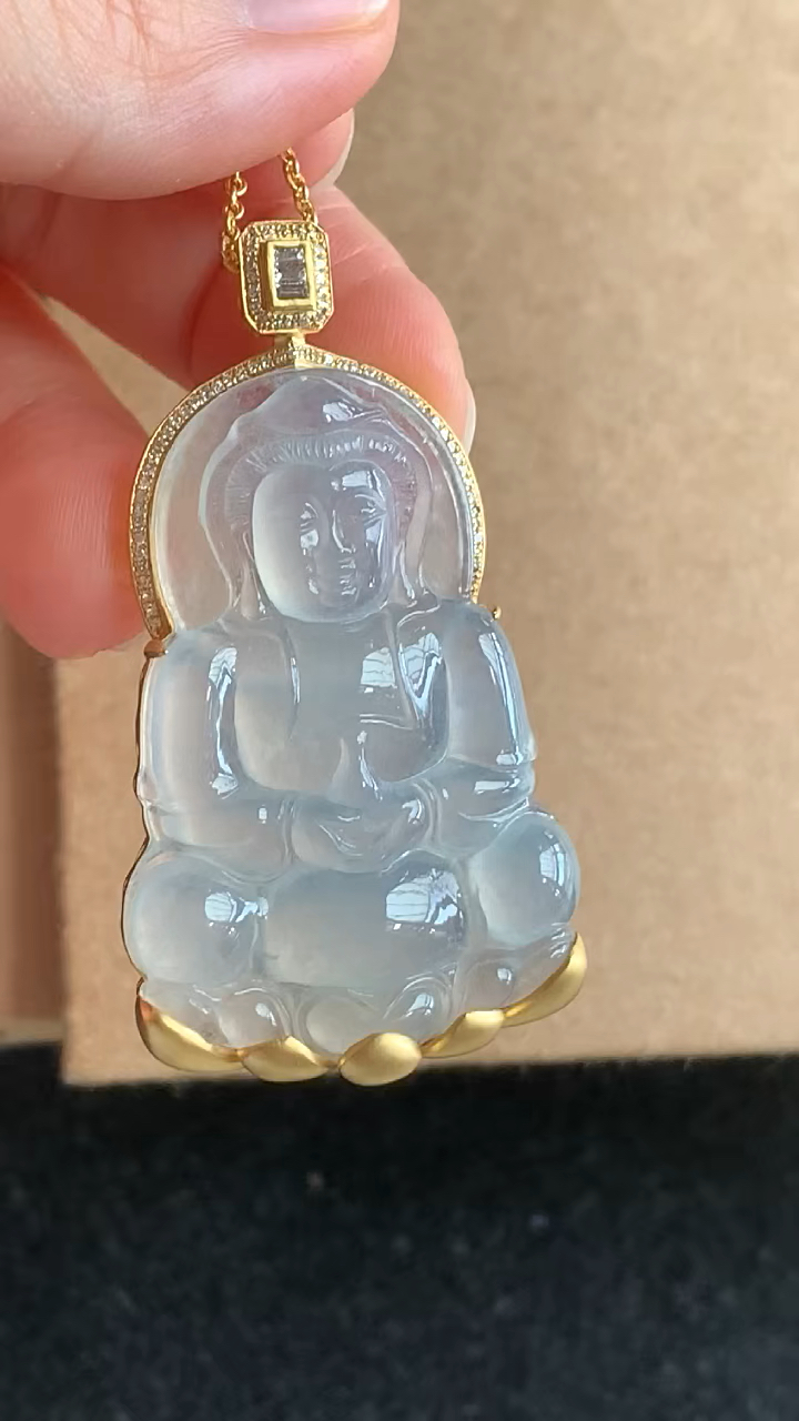 老坑冰观音吊坠细腻冰透 品质美 18k金镶嵌 完美
