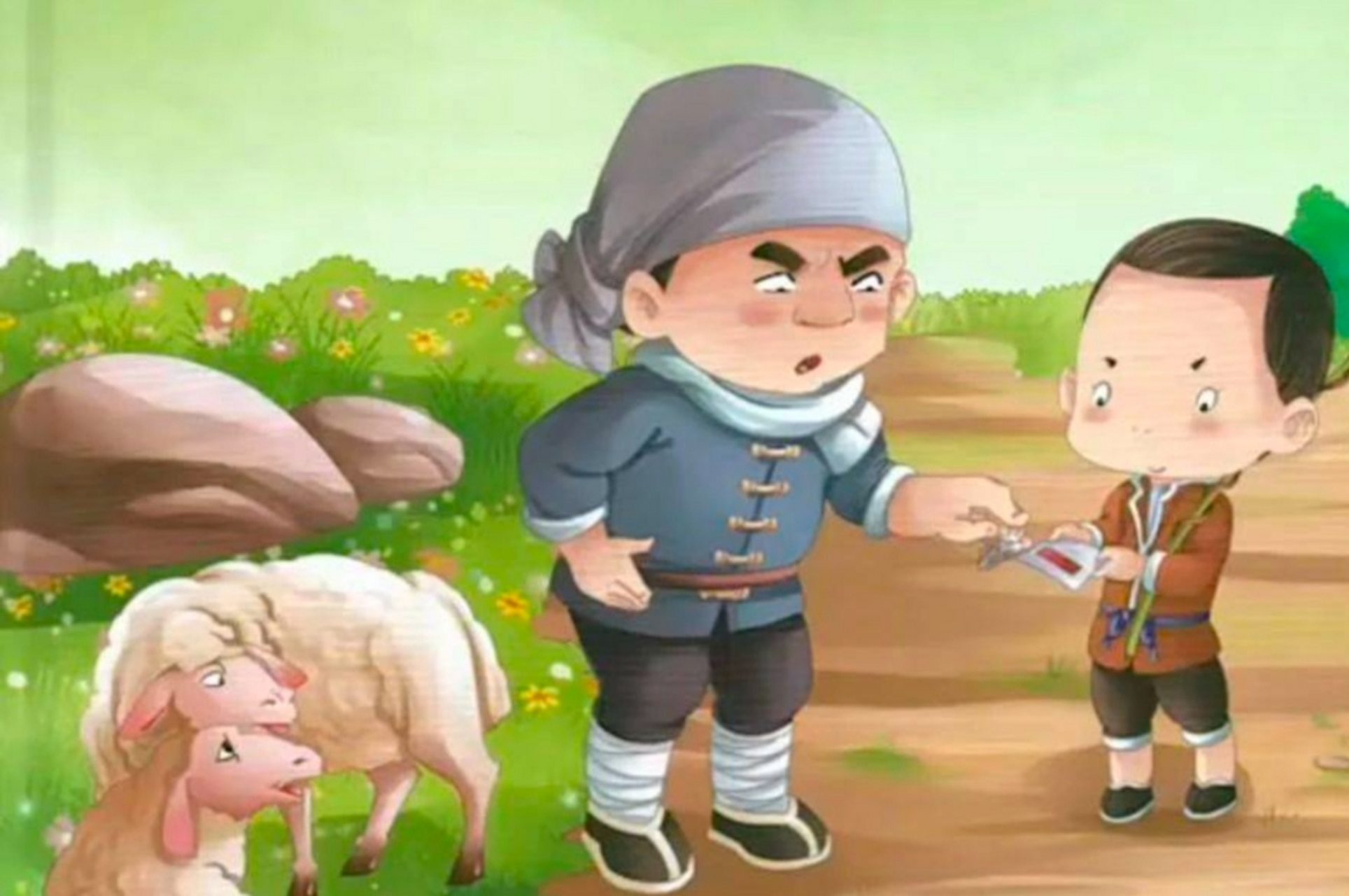 海娃赶紧回头找,在半山腰终于找到.他高兴地捡起来:"可把你找着了!