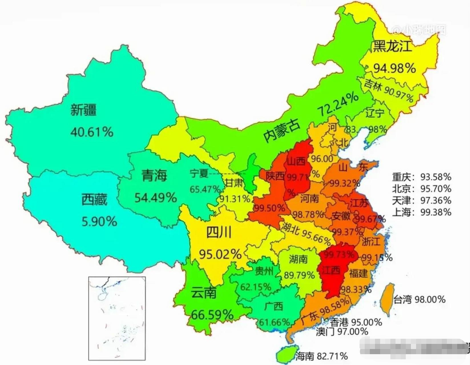 中国各省汉族人口比例大全图 (数据来源于国家第七次人口普查) 