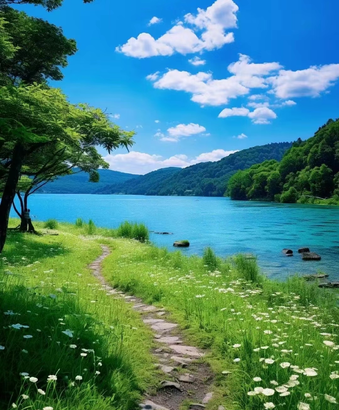 清澈的湖水映衬着蓝天白云,被五颜六色的花朵簇拥着