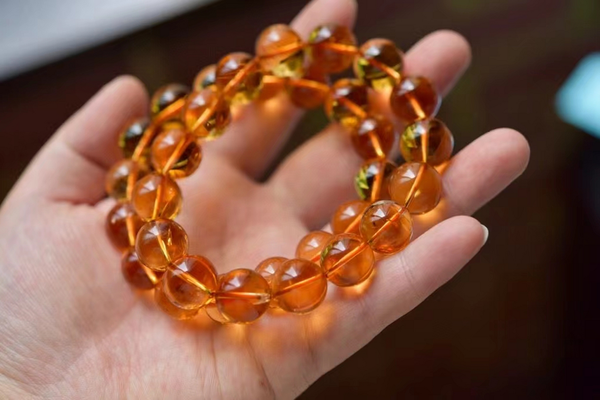 天然巴西黄水晶橙黄色手链#暴力黄