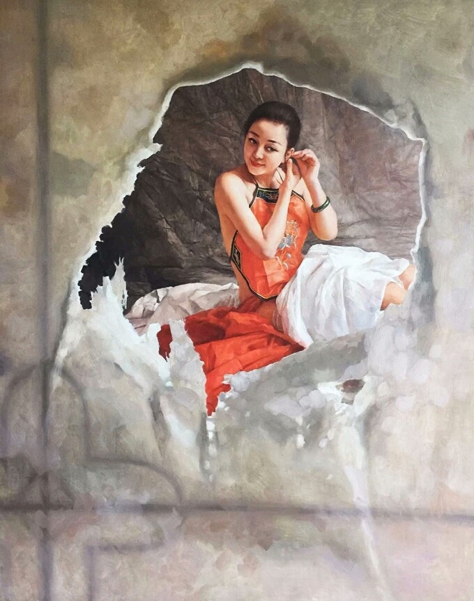 她是张锦龙油画中最美的新娘,红衣系列女子,温柔而端庄大方!