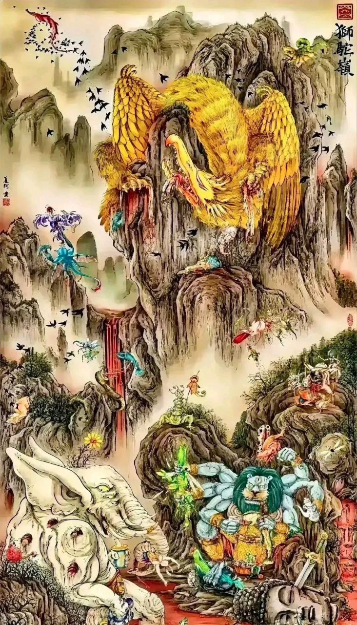 据说此图才是真实的狮驼岭,《西游记》原著中最恐怖的一幕,人筋缠树上