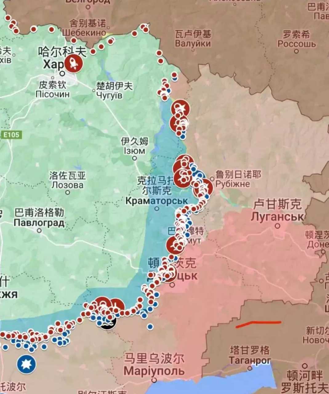 刚刚生成的乌东战场形势图,蓝色条带为乌克兰军队新收复的地区.