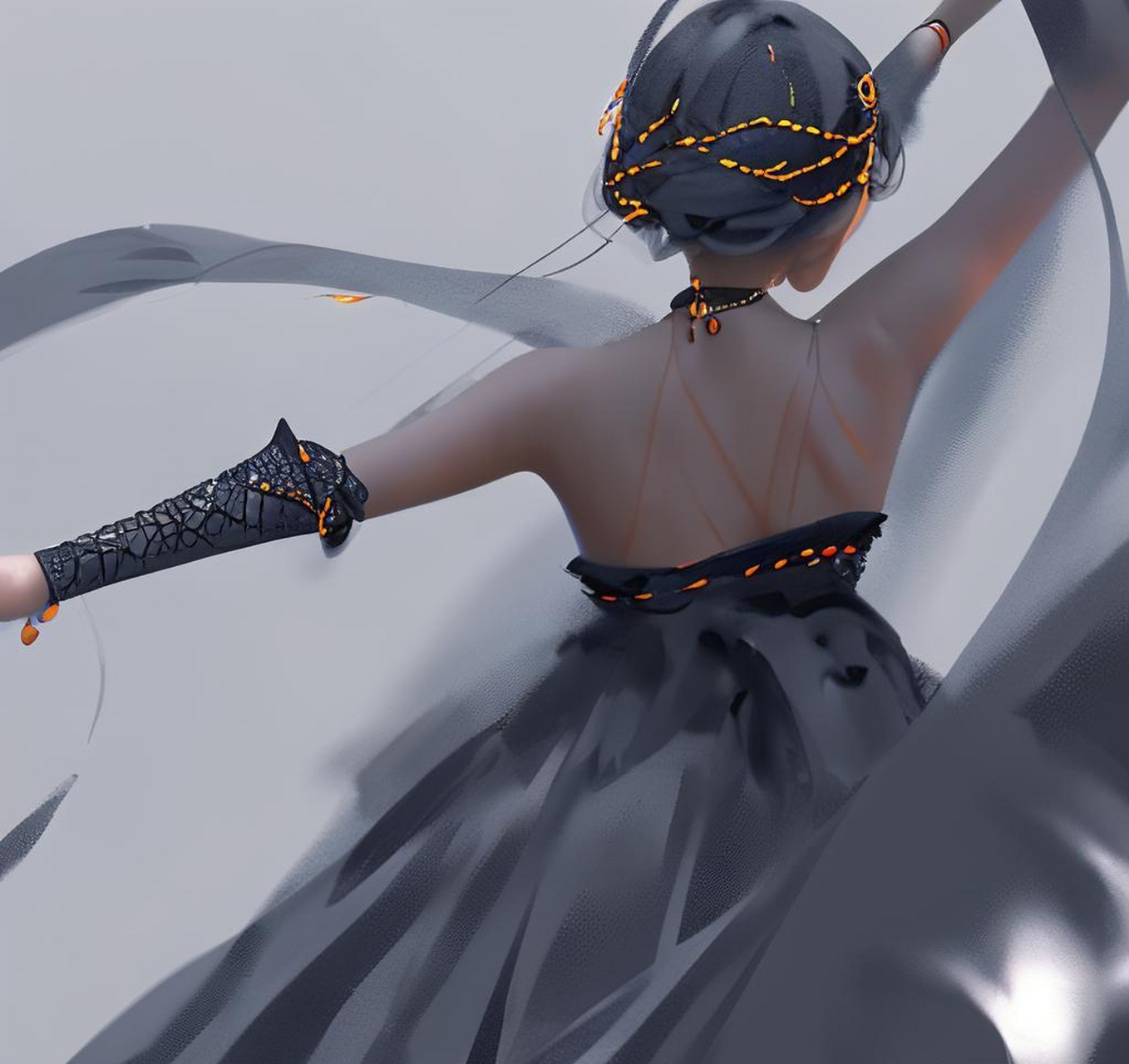 写实风格,灰色调,鬼刀的风铃和海琴烟,黑色薄纱长裙#ai绘画# #娱乐