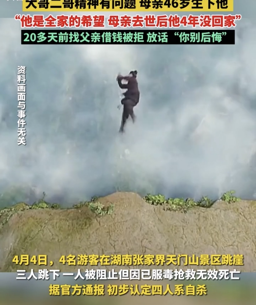 "  4名游客在张家界天门山景区跳崖事件闹得沸沸扬扬,据媒体报道,其中