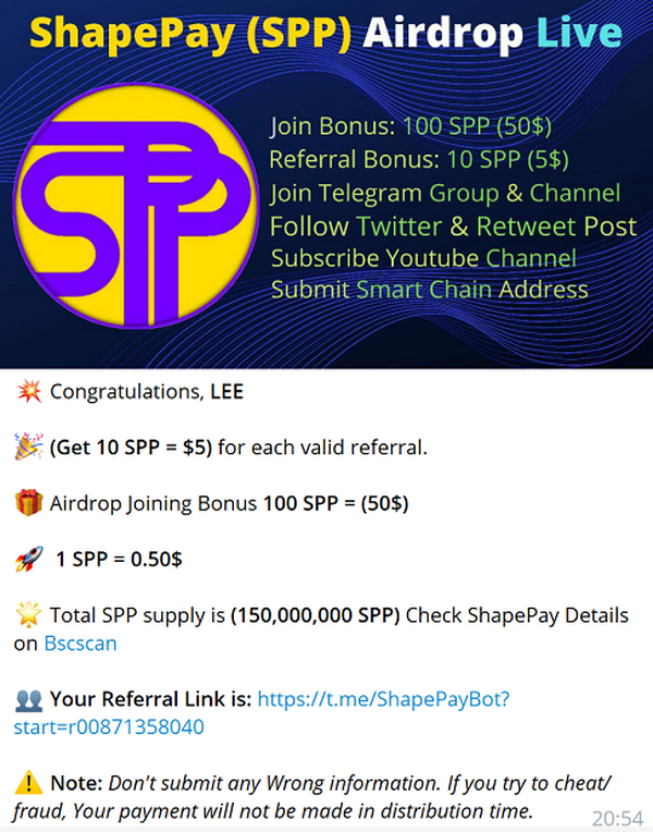 Shapepay空投：电报推特任务空投100个SPP（$ 50），邀请1人奖10个SPP代币