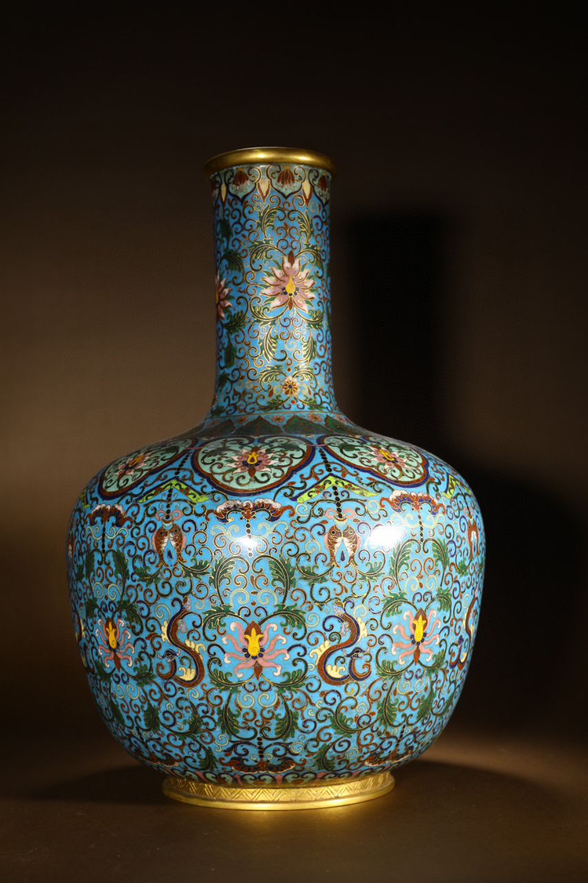 景泰蓝缠枝纹天球瓶 尺寸:29×46厘米 重4830克