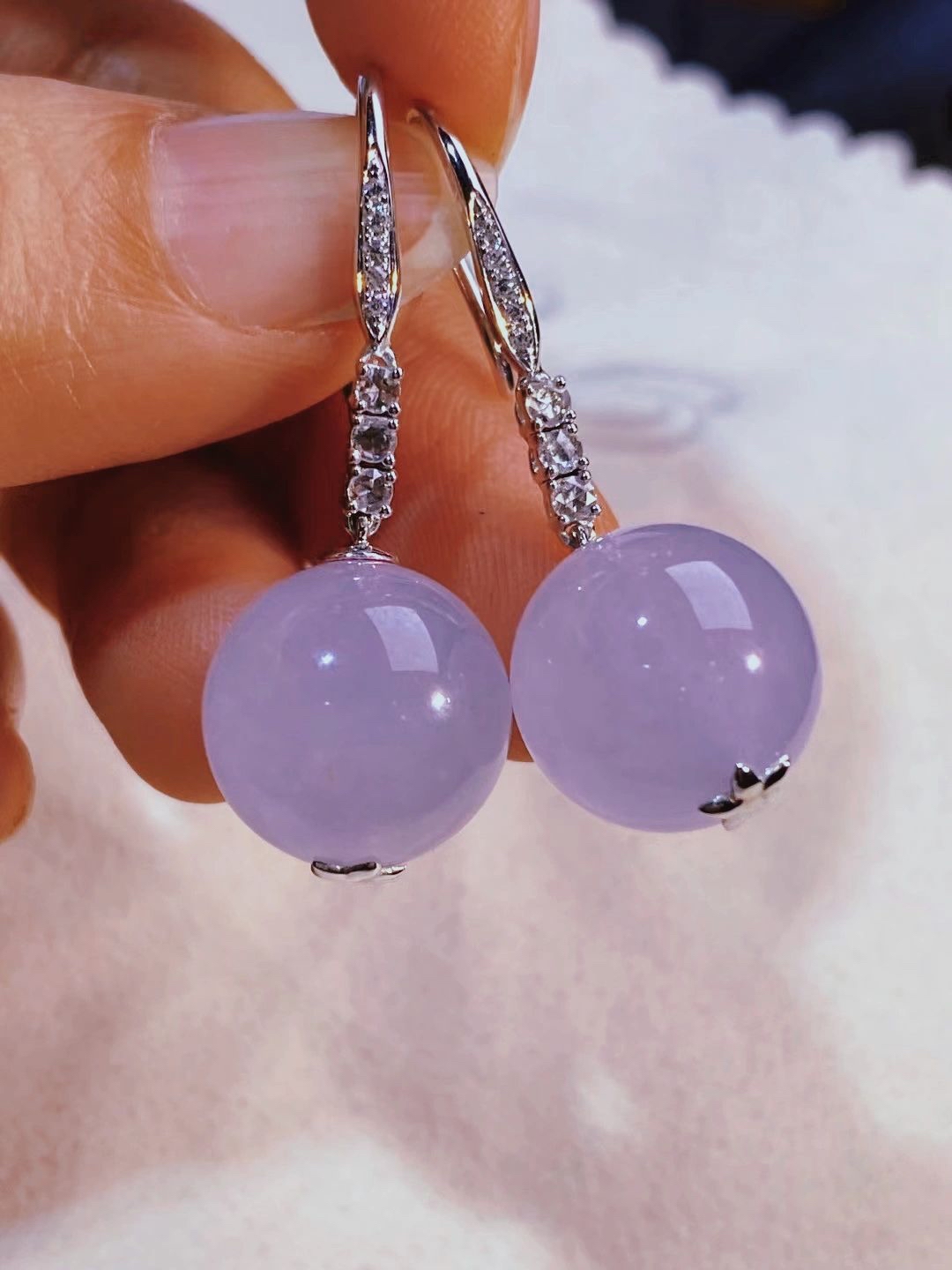 冰种翡翠紫罗兰珠子耳环,直径138,上耳效果漂亮