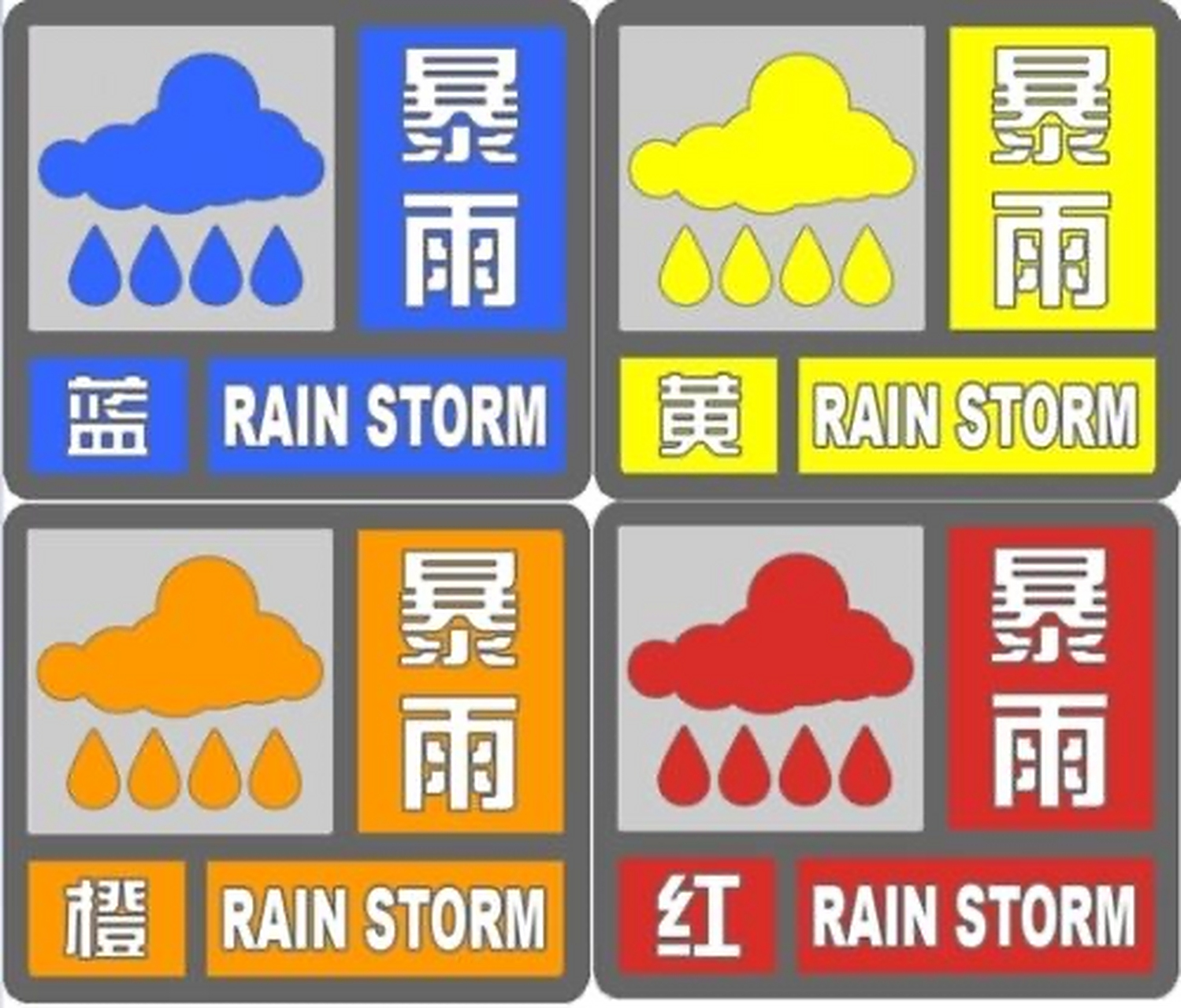 暴雨预警信号一共有四级,用蓝色,黄色,橙色,红色四种颜色来表示.