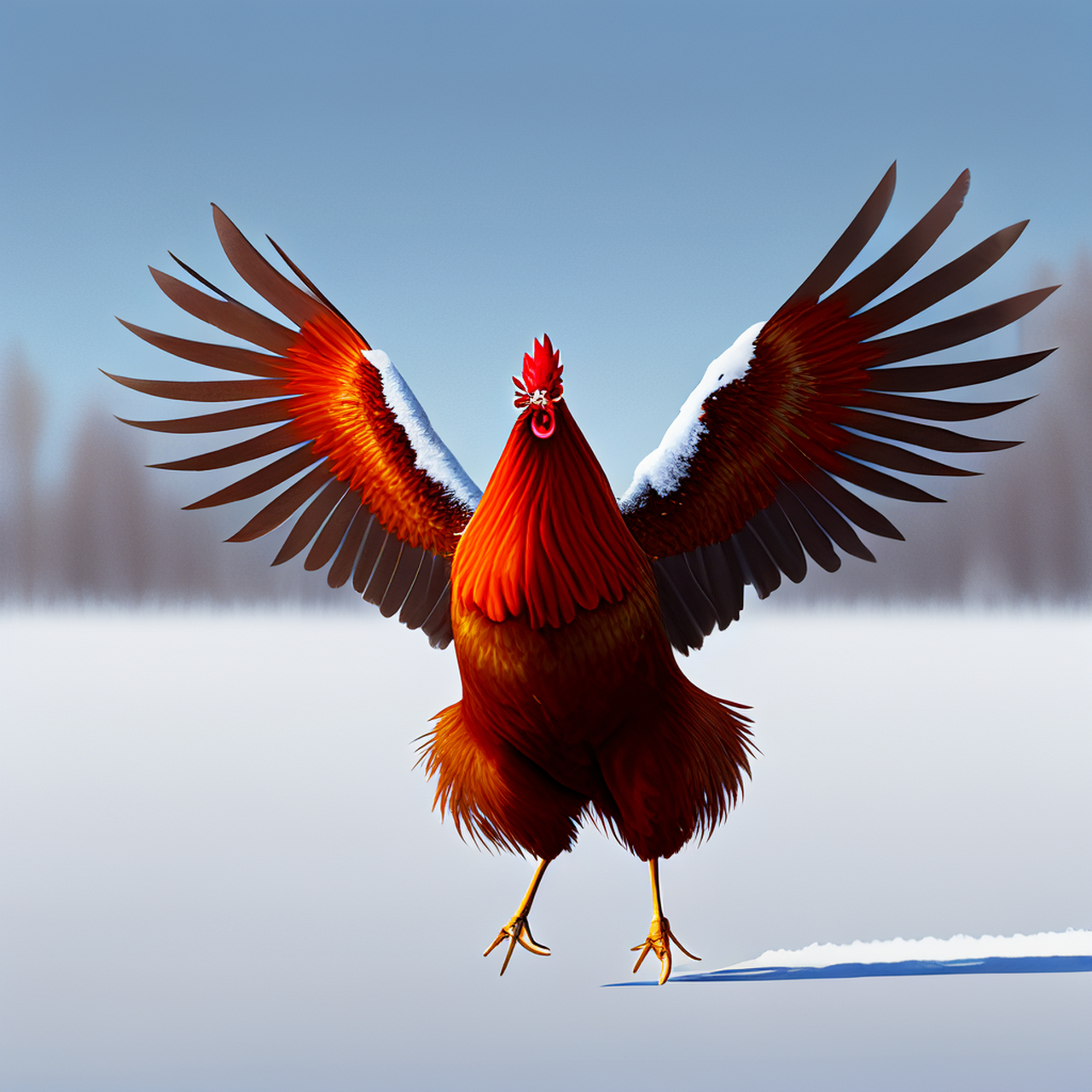百度ai绘图:雪后初晴,大公鸡展翅翩翩起舞. 效果不错哦!