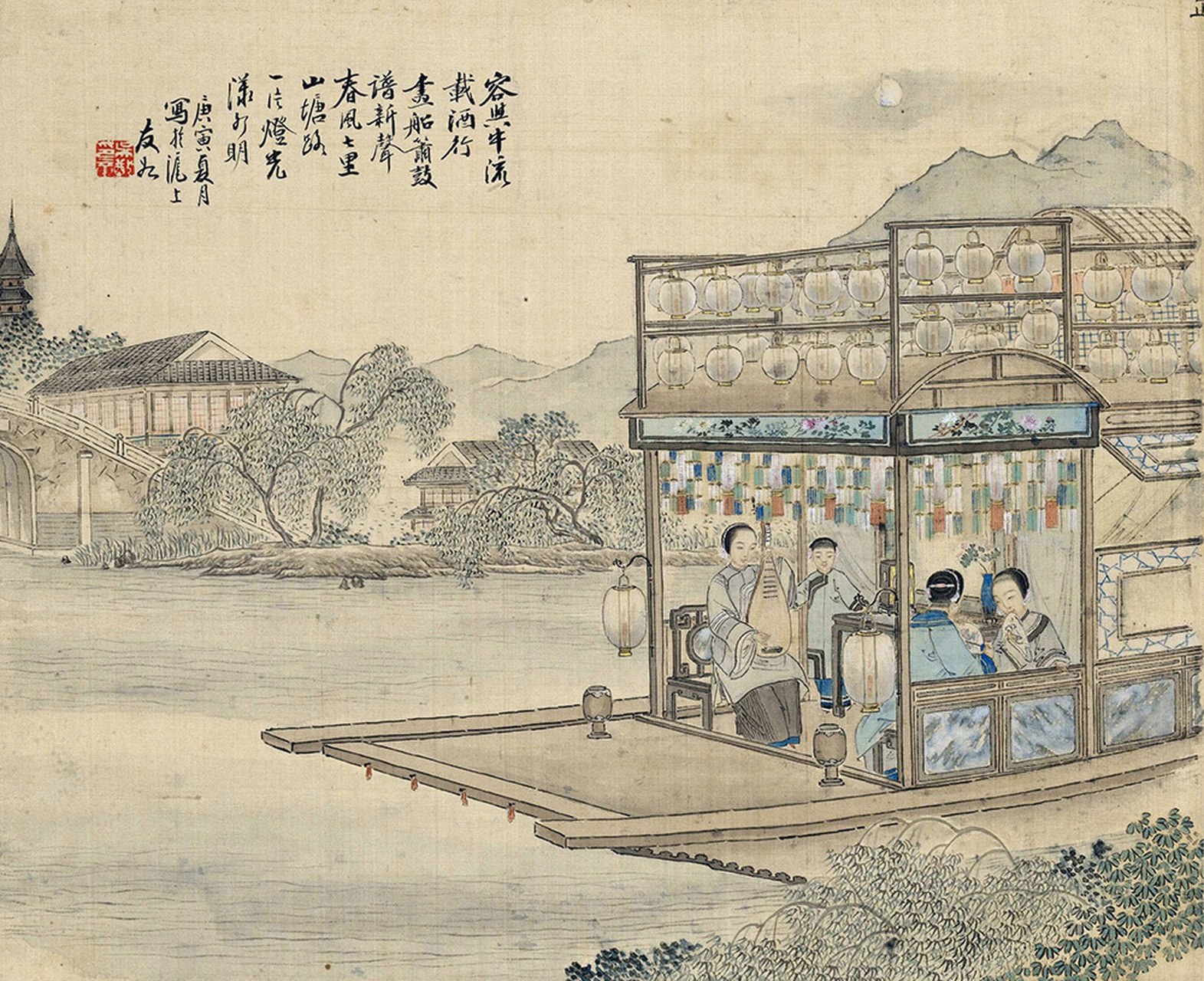 清 吴嘉猷《画舫赏月图》 纵27.2厘米 横33.