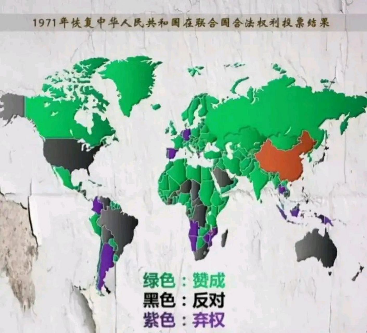 1971年中国重返联合国,欧洲国家投赞成票的很多啊,一片绿啊,个别的也