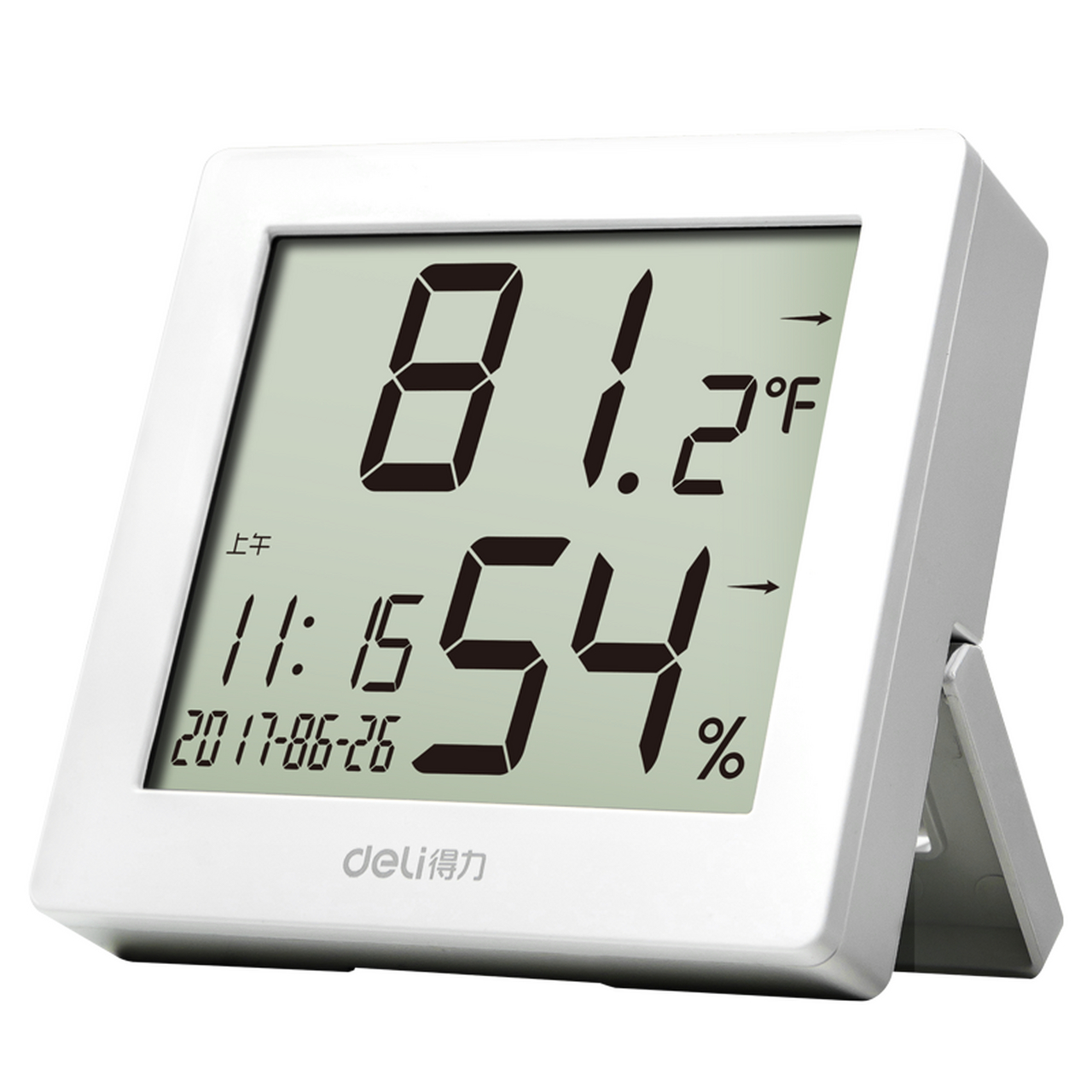 得力(deli)室内温湿度表 lcd电子温湿度计带闹钟功能 婴儿房室内温