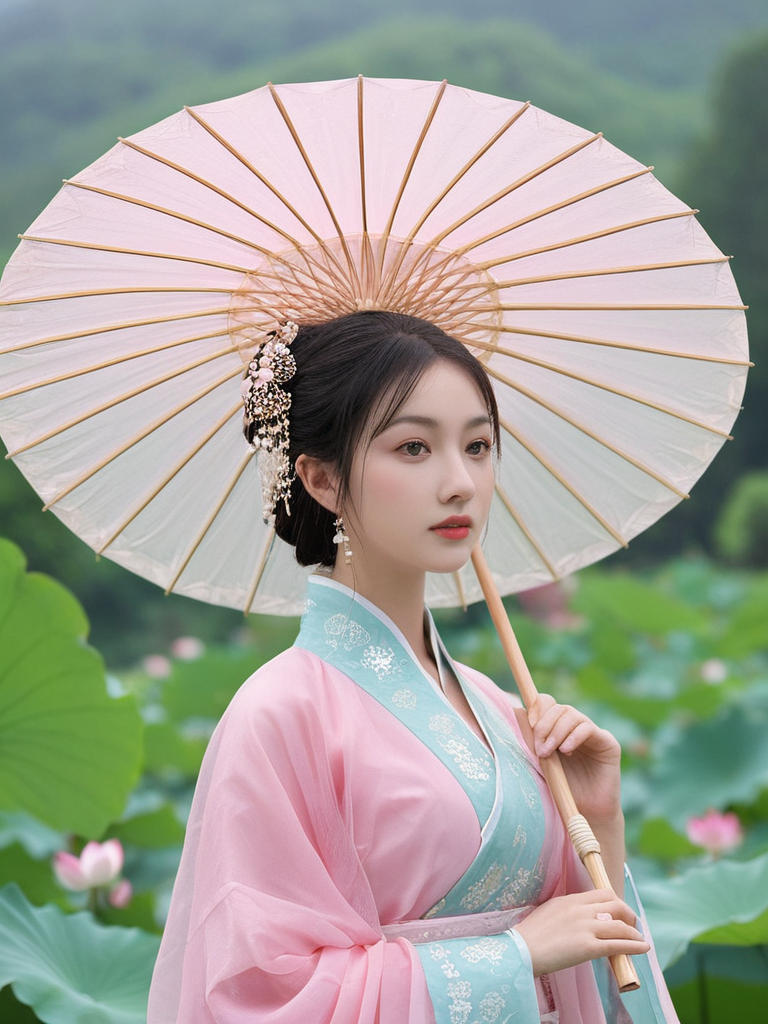 心情如同藕粉色天空,撑着粉红色油纸伞,在雨中漫步