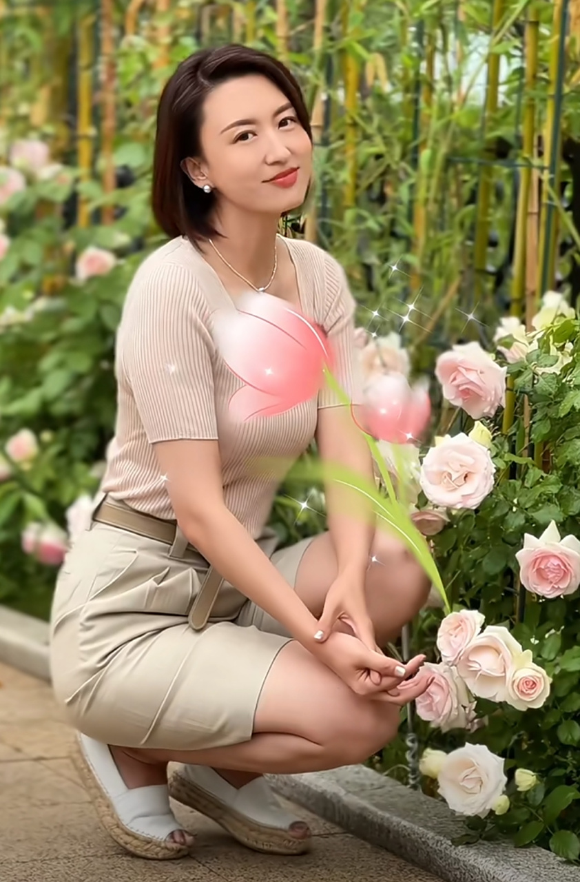 张蕾蹲在路边花丛边拍美照,刚到夏天就穿上鱼嘴鞋了,她的衣服都很有