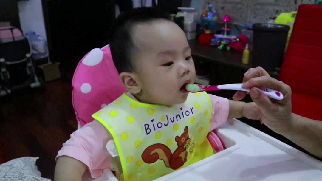 7个半月的宝宝,开荤吃肉啦,今天辅食西兰花鸡肉泥